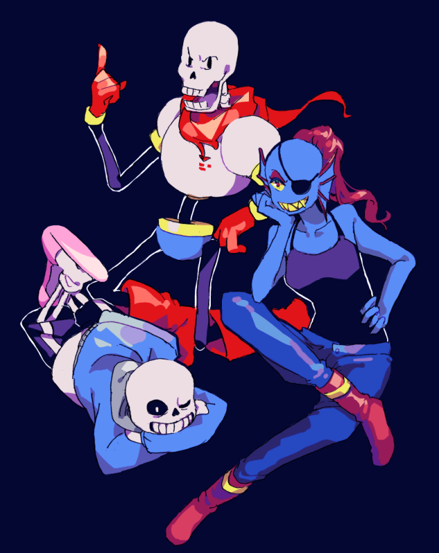 1girl, 2boys, beryllium_game, blue_background, blue_jacket, blue_skin, colored_skin, eyepatch, fins, fish_girl, gloves, grin, hand_on_own_hip, head_fins, head_on_hand, hood, index_finger_raised, jacket, lying, multiple_boys, on_stomach, one_eye_closed, papyrus_(undertale), pink_slippers, red_gloves, red_hair, red_scarf, sans_(undertale), scarf, sharp_teeth, simple_background, sitting, skeleton, slippers, smile, teeth, undertale, undyne