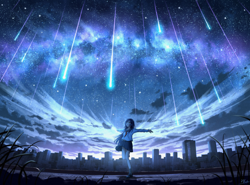 1girl, angel_wings, apocalypse, artist_name, black_hair, black_sailor_collar, black_shoes, black_skirt