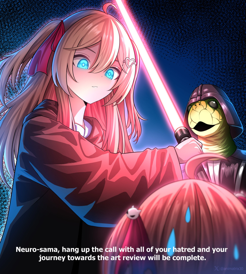 1boy, 2girls, absurdres, ahoge, animatrix, black_robe, blue_eyes, blue_sailor_collar, brown_hair, closed_mouth, commentary, commission, cosplay, darth_vader, darth_vader_(cosplay), energy_sword, english_commentary, english_text, evil_neuro-sama, from_side, hair_between_eyes, hair_ornament, hair_ribbon, highres, holding, holding_sword, holding_weapon, lightsaber, long_hair, long_sleeves, multiple_girls, neuro-sama, pink_lightsaber, red_ribbon, ribbon, robe, sailor_collar, siblings, sisters, skull_hair_ornament, star_wars, sweat, sword, twins, two_side_up, upper_body, vedal987, vedal_ai, virtual_youtuber, weapon
