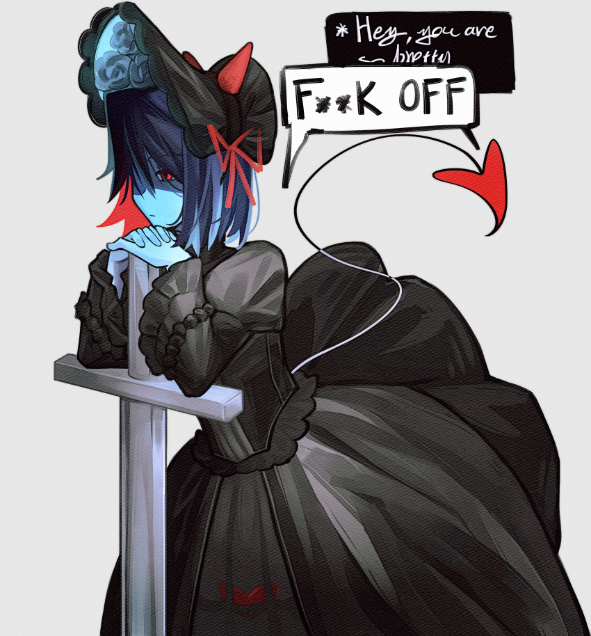 1other, absurdres, alternate_costume, androgynous, black_bonnet, black_dress, blue_hair, blue_skin