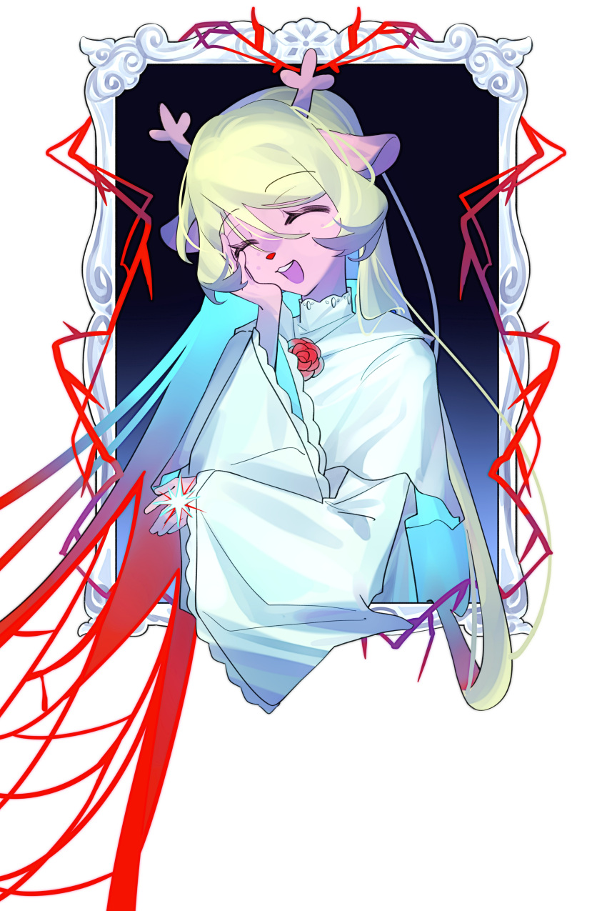 1girl, absurdres, animal_ears, antlers, blonde_hair, capelet, chinese_commentary, closed_eyes