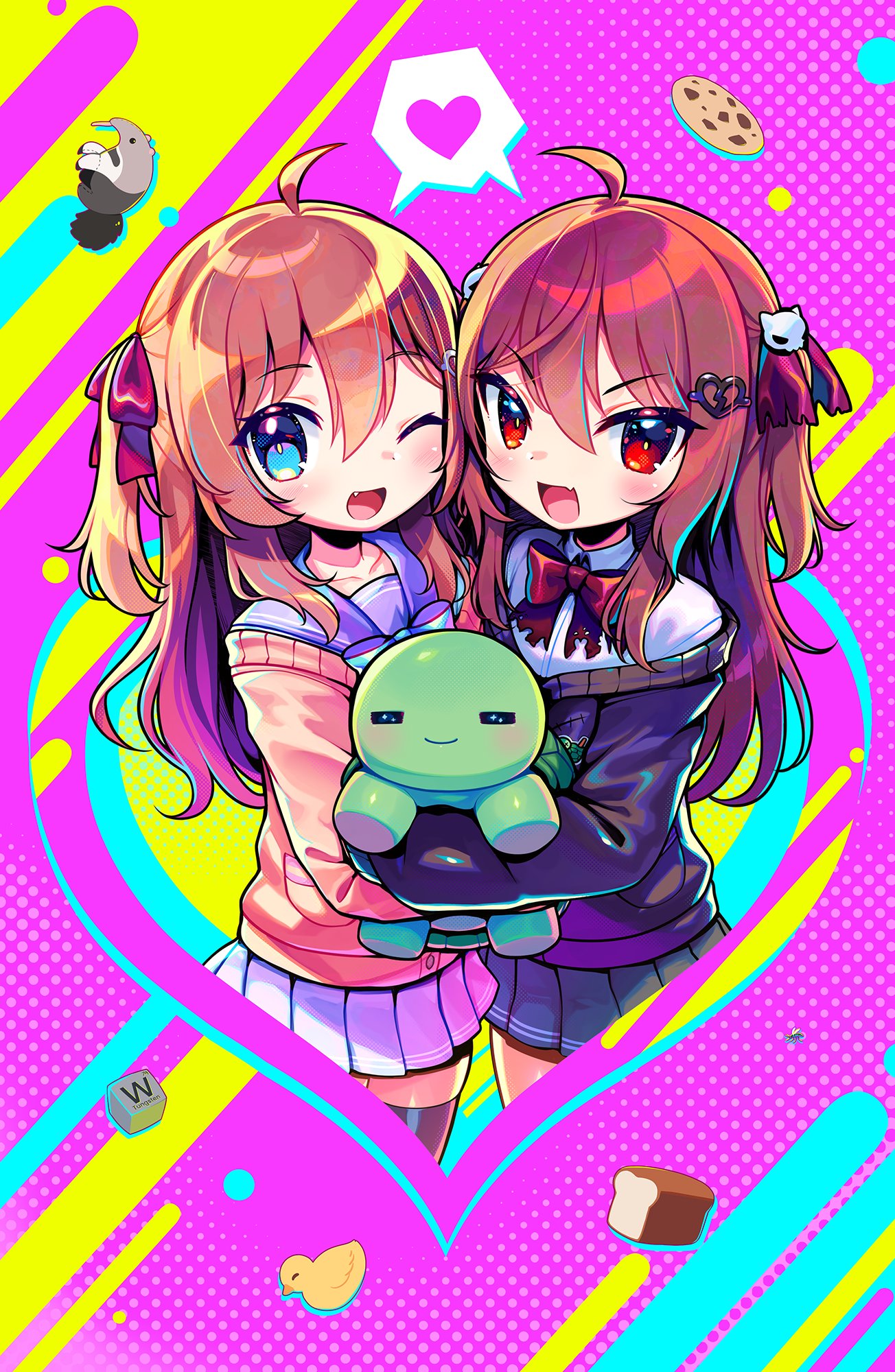2girls, ahoge, anteater, black_cardigan, black_skirt, black_thighhighs, blue_eyes, blue_sailor_collar