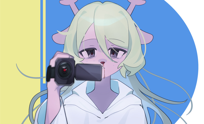 1girl, absurdres, animal_ears, antlers, black_eyes, blonde_hair, blood, camcorder