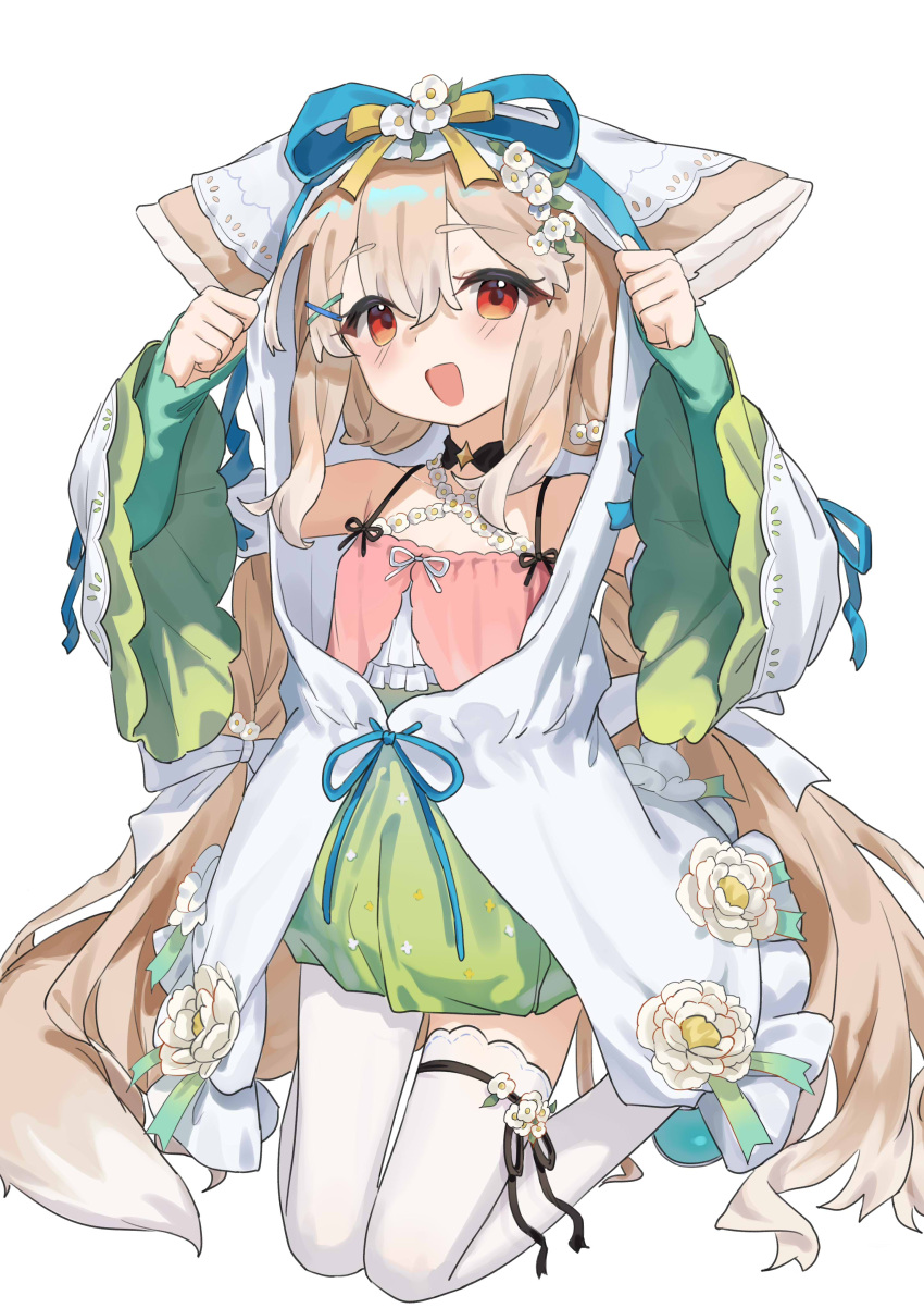 1girl, absurdres, animal_ears, ayaha_4780828, brown_hair, fox_ears, fox_girl, fox_tail, full_body, highres, long_hair, open_mouth, original, red_eyes, sakurada_shiro_(hy_plus), simple_background, single_leg_pantyhose, single_thighhigh, solo, tail, thigh-highs, twintails, very_long_hair, white_background, white_thighhighs