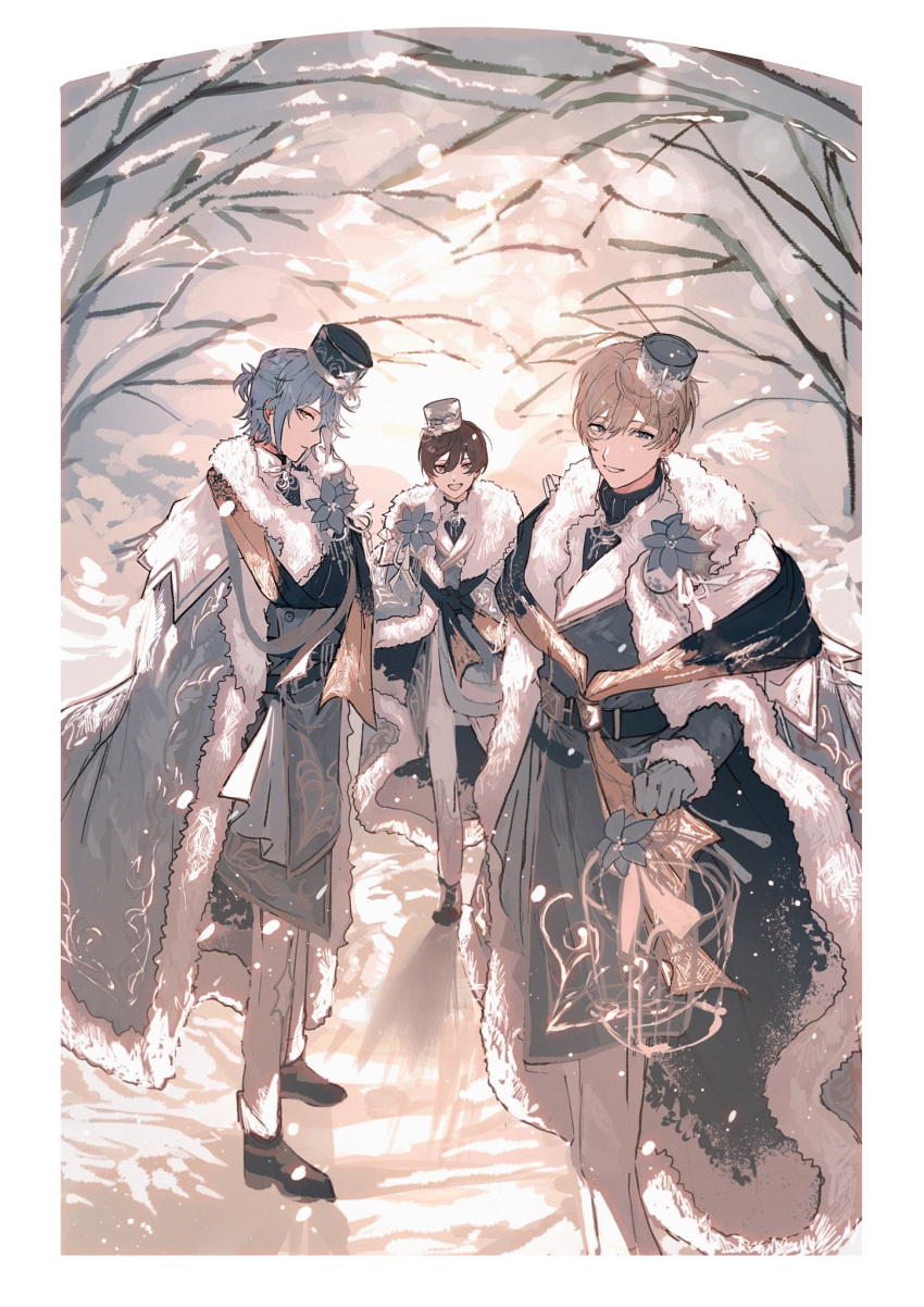 22kolink, 3boys, blonde_hair, blue_hair, brown_hair, fur_trim, gloves, highres