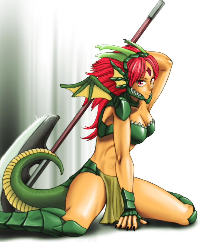 boots, breasts, claws, cleavage, dragon, dragon_girl, dragon_quest, dragon_quest_vi, drango, facial_mark, fingerless_gloves, forehead_mark, gloves, kurotama_saki, legs, long_hair, long_legs, midriff, monster_girl, personification, red_eyes, red_hair, redhead, spread_legs, tail, thigh-highs, thigh_boots, thighhighs, thighs, weapon, wings