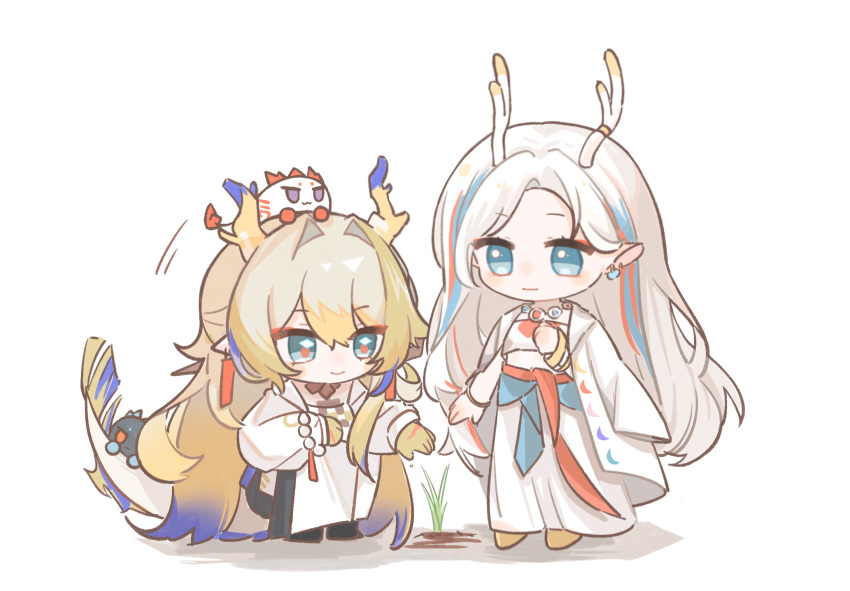 2girls, a_deer_of_nine_colors, annotated, antlers, arknights, beads, blonde_hair, blue_eyes