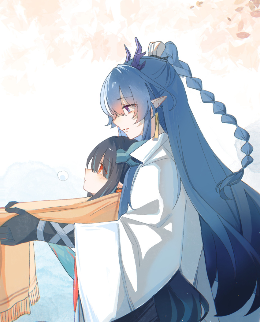 2girls, absurdres, arknights, black_hair, blue_eyes, blue_hair, braid, chinese_commentary
