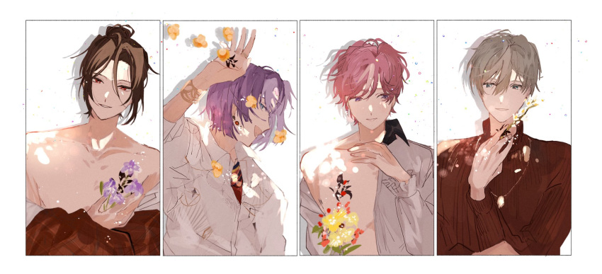 22kolink, 4boys, bare_shoulders, blonde_hair, bouquet, brown_hair, chloe_collins, collared_shirt