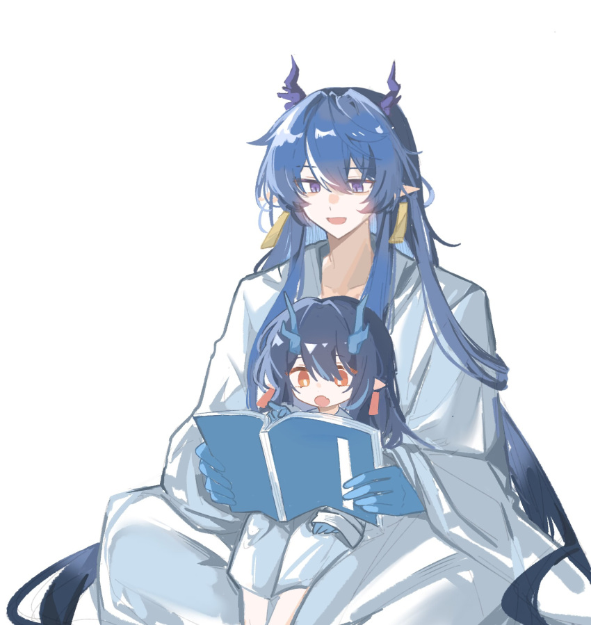 2girls, :d, :o, aged_down, arknights, black_hair, blue_hair, book, chinese_commentary, colored_extremities, commentary_request, dragon_girl, dragon_horns, dusk_(arknights), earrings, hair_between_eyes, highres, holding, holding_book, horns, jewelry, ling_(arknights), long_hair, long_sleeves, multicolored_hair, multiple_girls, open_book, open_mouth, orange_eyes, pointy_ears, reading, robe, shang_ge_promax, siblings, simple_background, sisters, sitting, sitting_on_lap, sitting_on_person, smile, streaked_hair, white_background, white_hair, white_robe