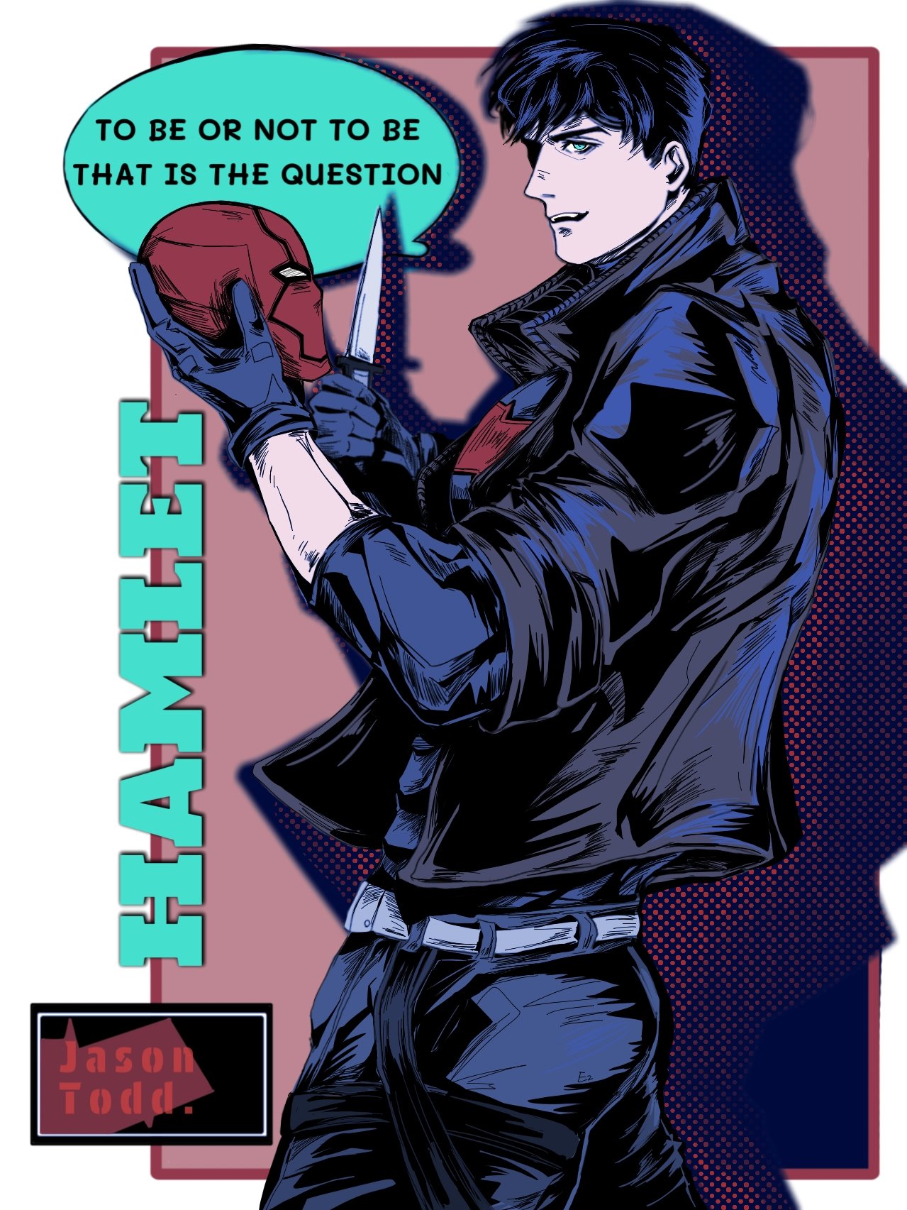 1boy, bat_signal, batman_(series), batman_symbol, black_bodysuit, black_gloves, black_hair, blue_eyes, bodysuit, brown_jacket, dc_comics, domino_mask, e2_yhxloki, gloves, grey_bodysuit, highres, holding, jacket, jason_todd, male_focus, mask, muscular, muscular_male, open_clothes, pants, red_hood_(dc), red_hood_and_the_outlaws, red_mask, shirt, short_hair, superhero_costume, taut_bodysuit, two-tone_bodysuit