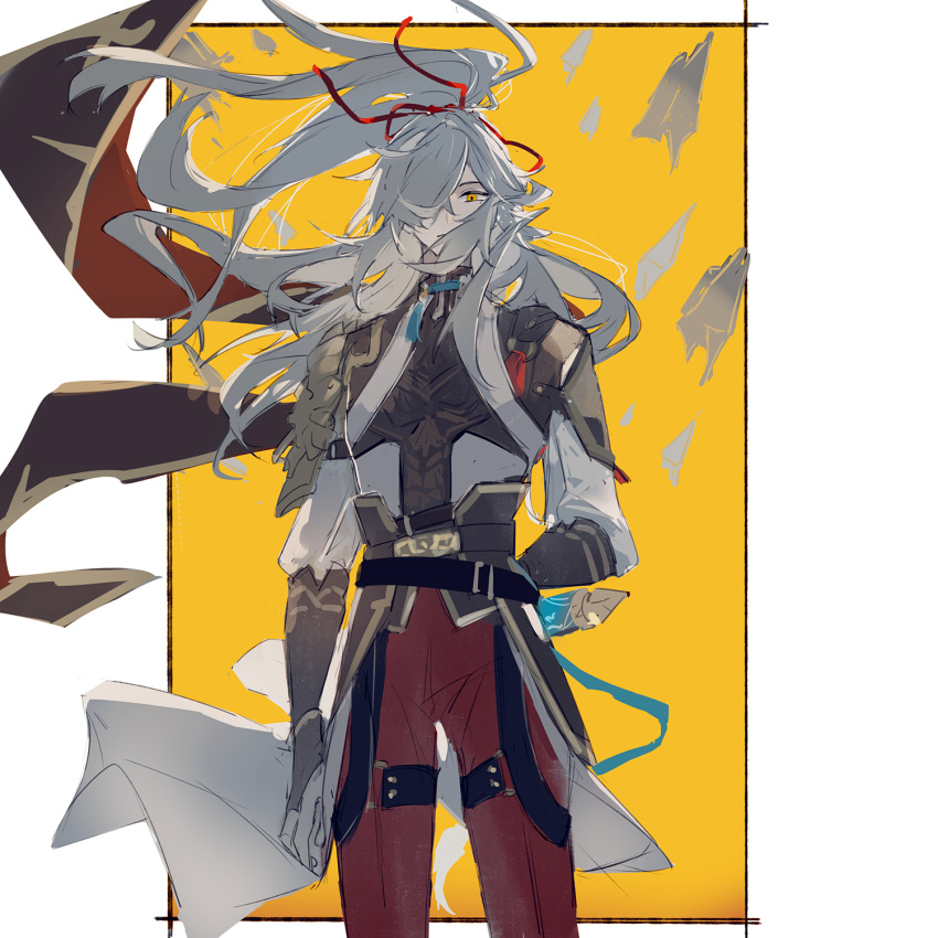 1boy, armor, belt, gloves, hair_over_one_eye, hair_ribbon, high_ponytail, highres