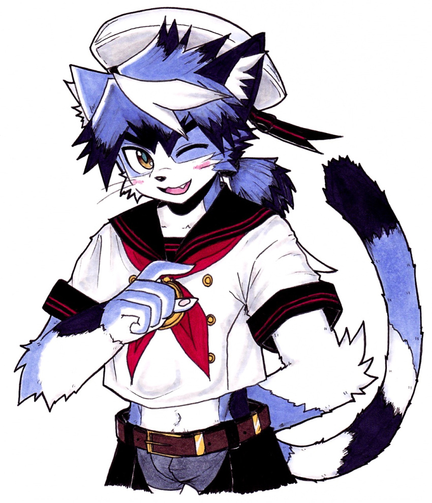 1boy, animal_ears, arm_behind_back, blush, cat_boy, cat_ears, cat_tail, commentary_request, fang, furry, furry_male, hat, highres, joezen_(live_a_hero), live_a_hero, looking_at_viewer, male_focus, one_eye_closed, open_mouth, pawpads, ponytail, sailor_collar, sailor_hat, sailor_shirt, shinta_(brougham), shirt, smile, tail, traditional_media, whiskers, white_background