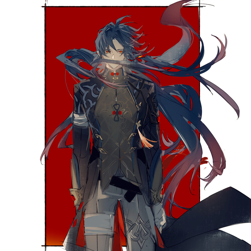1boy, blade_(honkai:_star_rail), blue_hair, gloves, gradient_hair, highres, honkai:_star_rail, honkai_(series), long_hair, long_sleeves, looking_at_viewer, male_focus, mississipping, multicolored_hair, pants, red_background, red_eyes, red_hair, solo