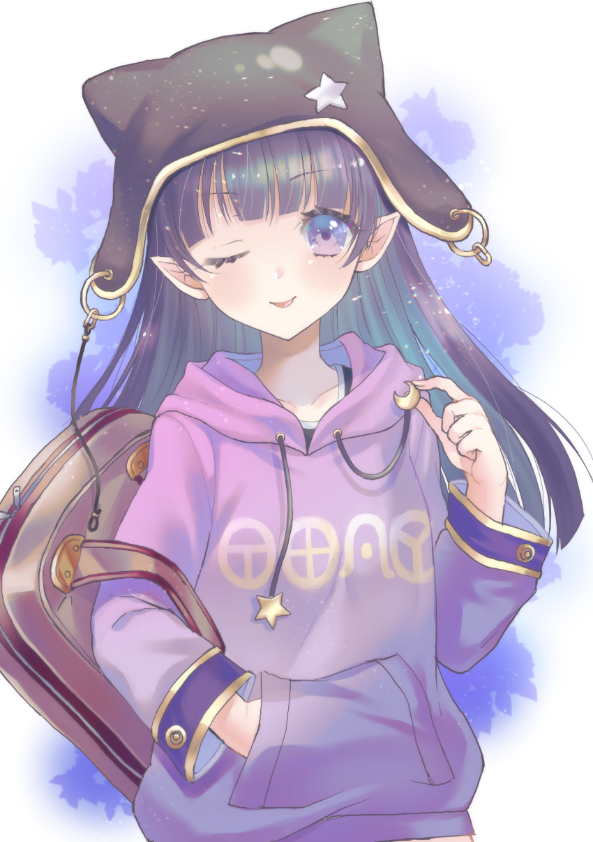 1girl, absurdres, animal_ear_headwear, backpack, bag, black_hair, flat_chest, hand_in_pocket