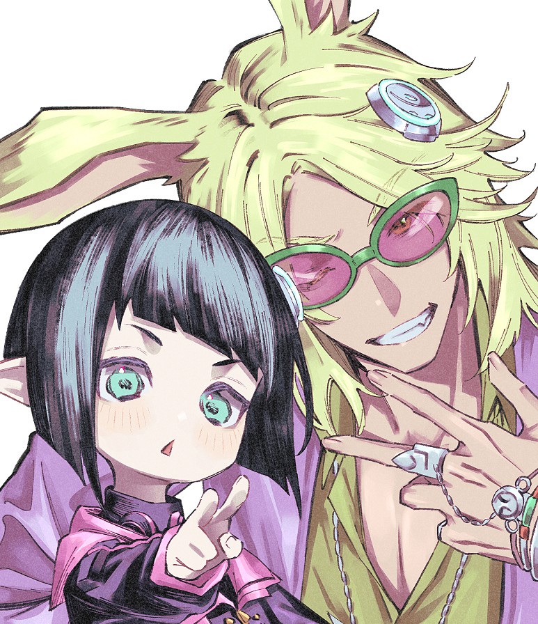 1boy, 1girl, animal_ears, aqua_eyes, black_hair, commentary, dancing_green, fang