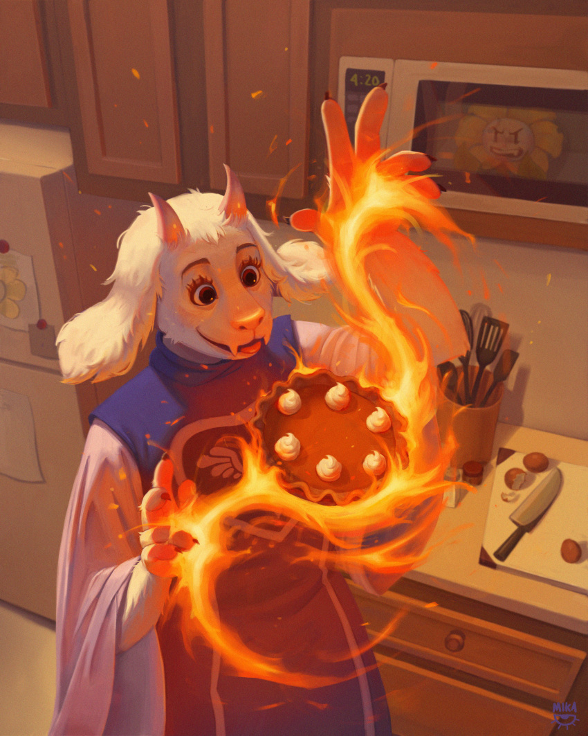 1girl, absurdres, artist_name, cake, cupboard, deltarune, english_commentary, eyelashes, fire, flowey_(undertale), food, furry, furry_female, goat, hand_up, highres, indoors, kamikaze_mika, knife, magic, microwave, refrigerator, robe, smile, solo, spatula, toriel, undertale