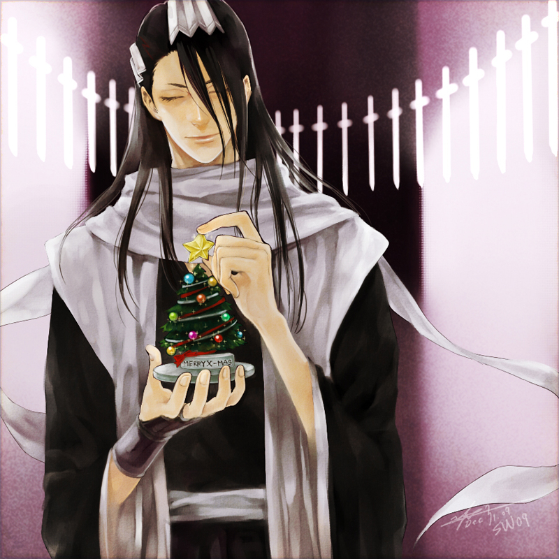 black_hair, bleach, christmas, christmas_tree, closed_eyes, eyes_closed, hair_ornament, haori, japanese_clothes, kuchiki_byakuya, light_smile, light_sword, long_hair, male, solo, star, taichou_haori, tmt