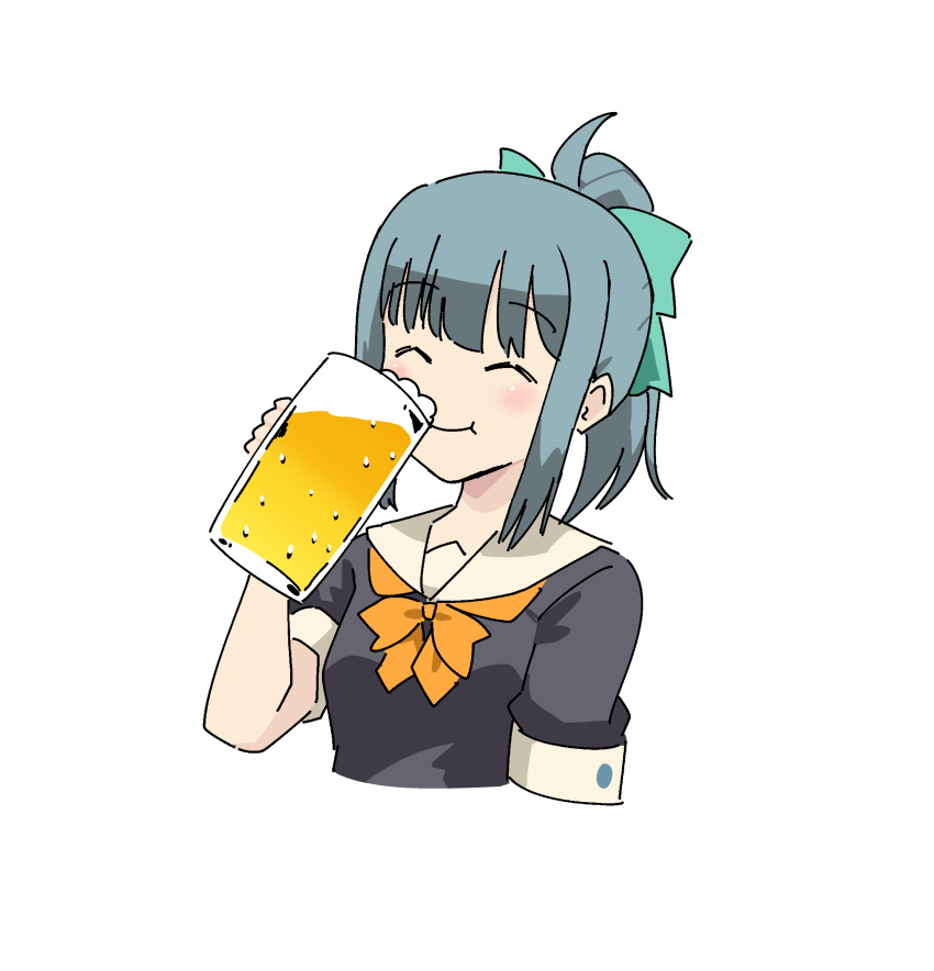 1girl, alcohol, beer, beer_mug, black_shirt, bow, bowtie, closed_eyes