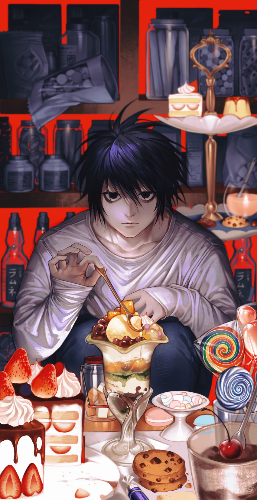 1boy, absurdres, bags_under_eyes, black_eyes, black_hair, blue_pants, blurry, bottle