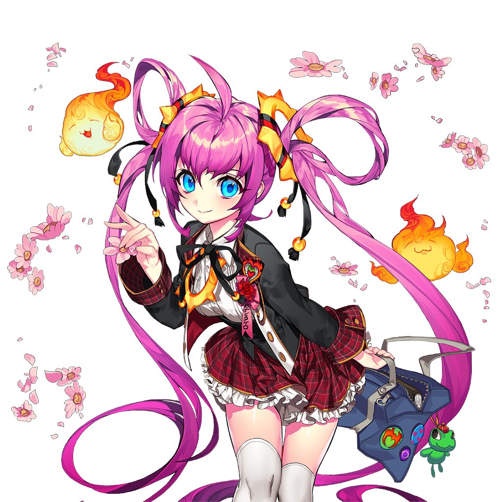 1girl, ahoge, bag, black_bow, black_bowtie, black_coat, blue_eyes, bow, bowtie, closed_mouth, coat, falling_petals, fireball, frilled_skirt, frills, hitodama, holding, holding_bag, kagutsuchi_(uchi_no_hime-sama), long_hair, petals, pika_(kai9464), pink_hair, plaid_clothes, plaid_skirt, red_skirt, ring_hair, school_bag, school_uniform, skirt, thigh-highs, uchi_no_hime-sama_ga_ichiban_kawaii, very_long_hair, white_thighhighs