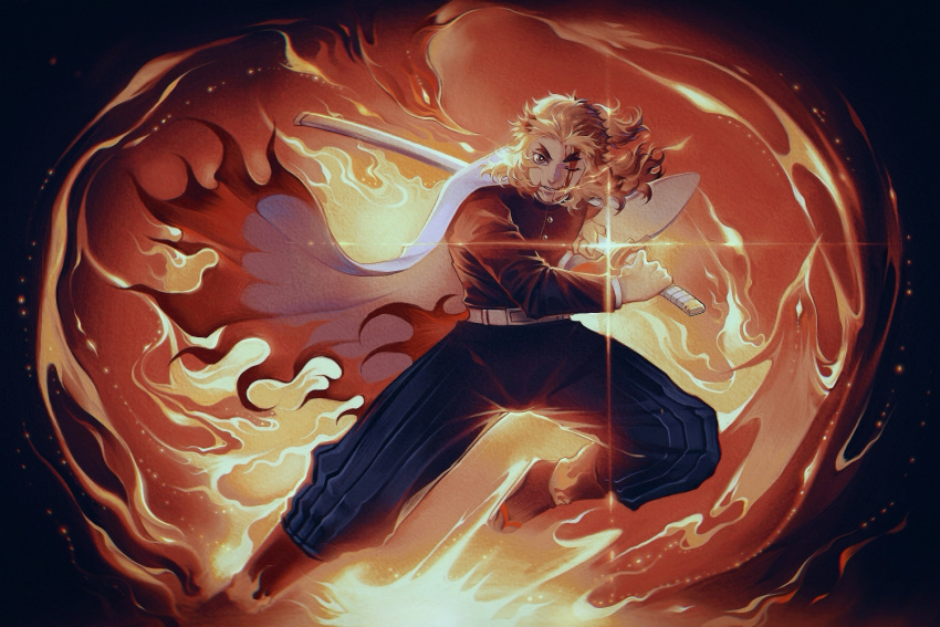 1boy, blood, blood_on_face, cape, demon_slayer_uniform, fire, holding, holding_weapon