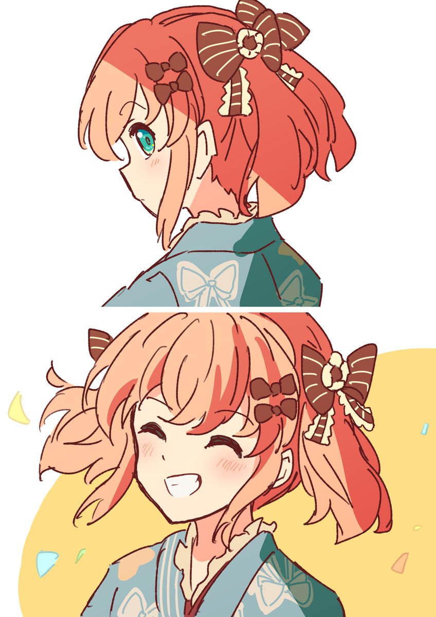 1girl, 37.5c_no_fantasy, aqua_eyes, blue_kimono, blush, bow, bow_print, brown_bow