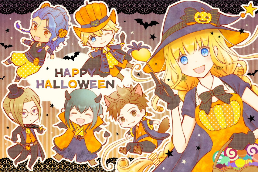 1girl, 5boys, :3, :d, :o, adapted_costume, animal_ears, arm_wrap