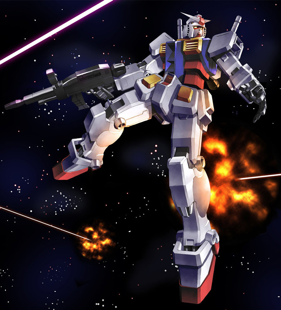 80s, beam_rifle, energy_beam, explosion, gun, gundam, mecha, mobile_suit_gundam