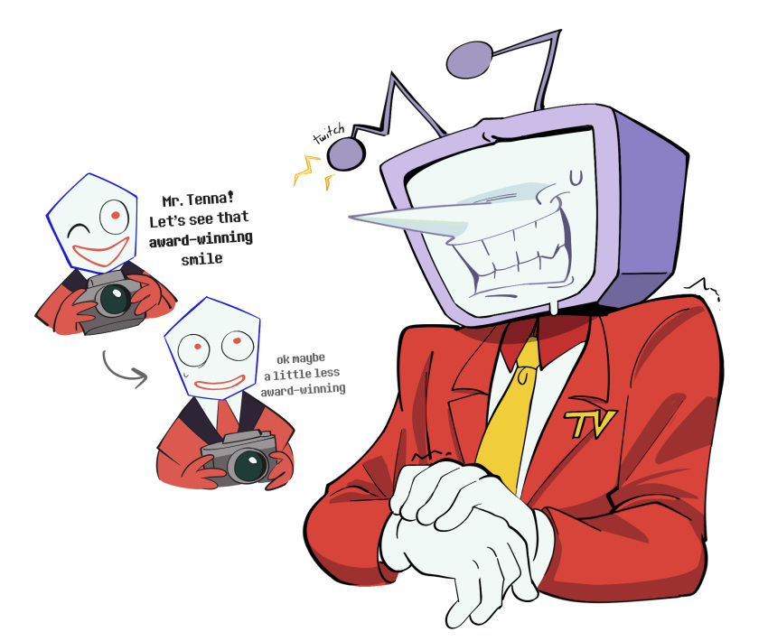 1boy, 1other, ant_tenna, camera, colliholly, commentary, crt, deltarune