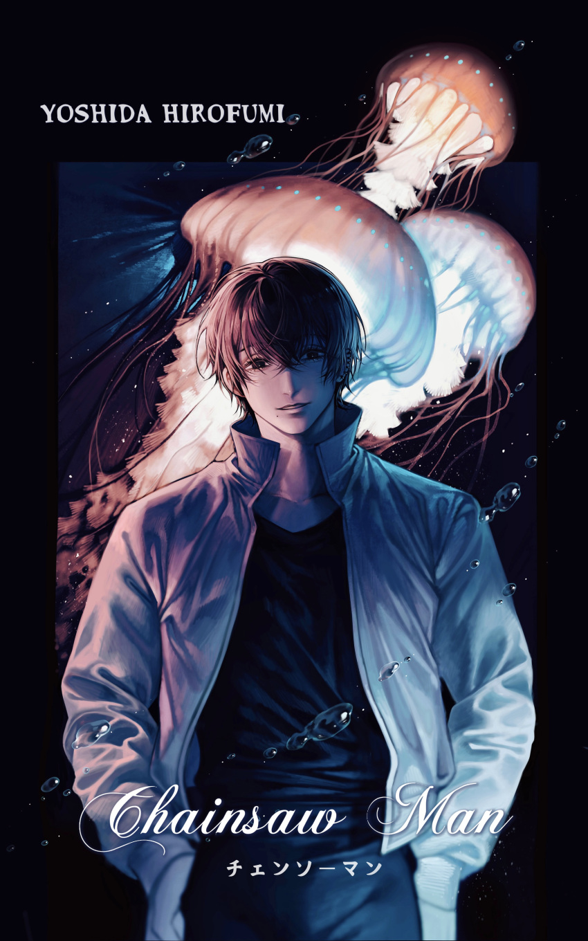 1boy, absurdres, air_bubble, black_background, black_eyes, black_hair, black_pants, black_shirt