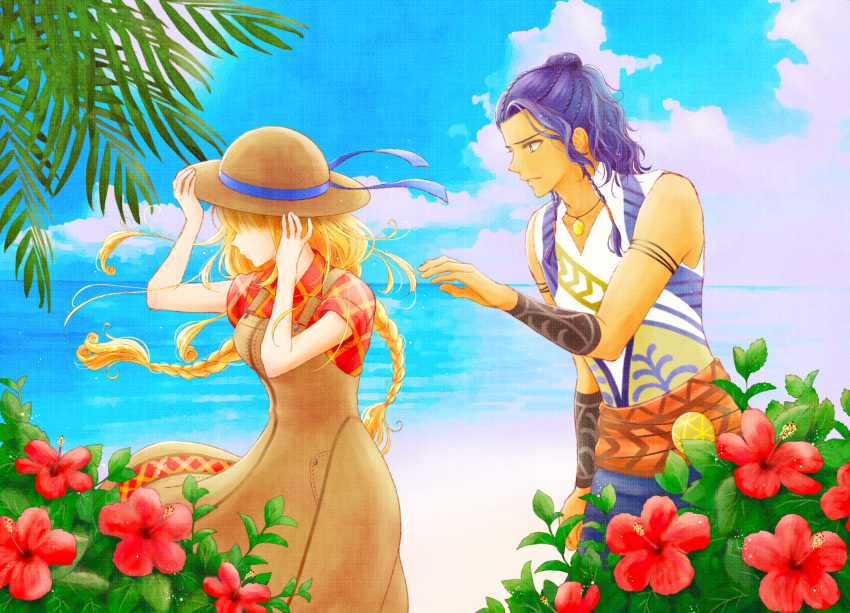 1boy, 1girl, arm_guards, azu_rin_go, beach, black_armlet, blonde_hair, blue_hair