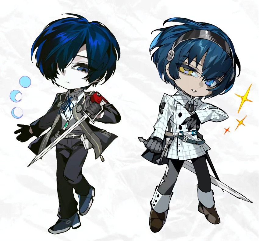 2boys, ahoge, armband, belt, black_gloves, black_jacket, black_pants, black_shirt