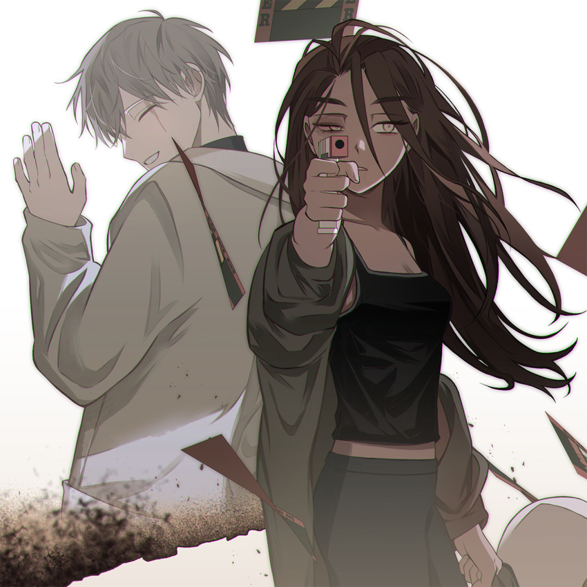1boy, 1girl, alien_stage, black_tank_top, brown_hair, closed_eyes, commentary, dark-skinned_female