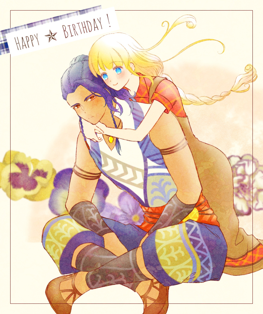 1boy, 1girl, arm_guards, arms_around_neck, azu_rin_go, black_armlet, blonde_hair, blue_eyes