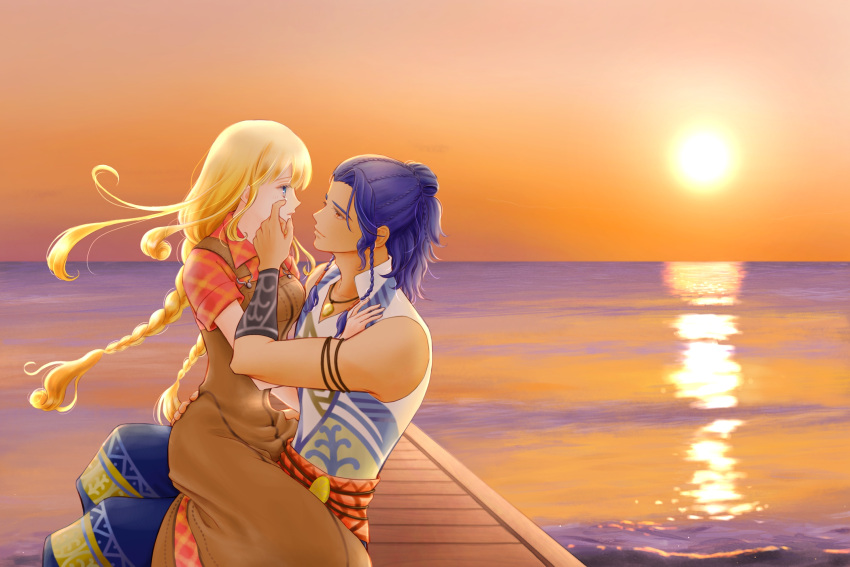 1boy, 1girl, adam's_apple, arm_guards, azu_rin_go, backlighting, black_armlet, blonde_hair