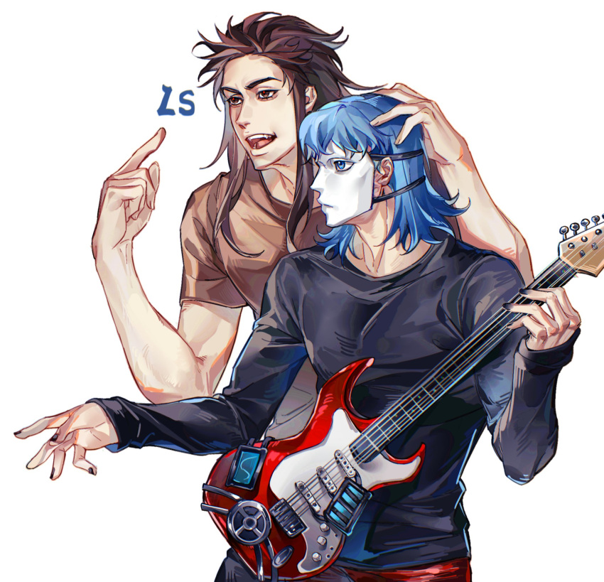 2boys, bass_guitar, black_nails, black_shirt, blue_eyes, blue_hair, brown_eyes, brown_hair