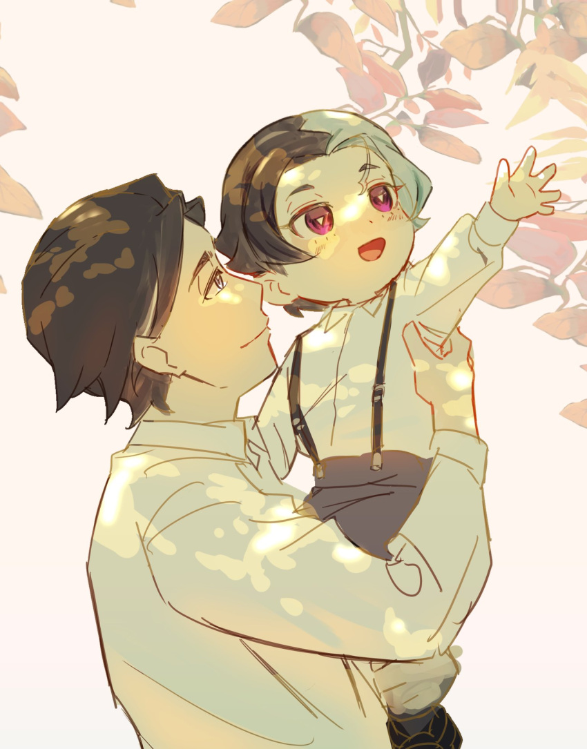 2boys, :d, amethio_(pokemon), black_shoes, bright_pupils, carrying, cervantis_(pokemon), collared_shirt, copituji, father_and_son, grey_pants, happy, highres, looking_up, male_focus, multicolored_hair, multiple_boys, open_mouth, outstretched_arm, pants, pokemon, pokemon_(anime), pokemon_horizons, shirt, shoes, short_hair, smile, spread_fingers, suspenders, tongue, two-tone_hair, violet_eyes, white_background, white_pupils, white_shirt