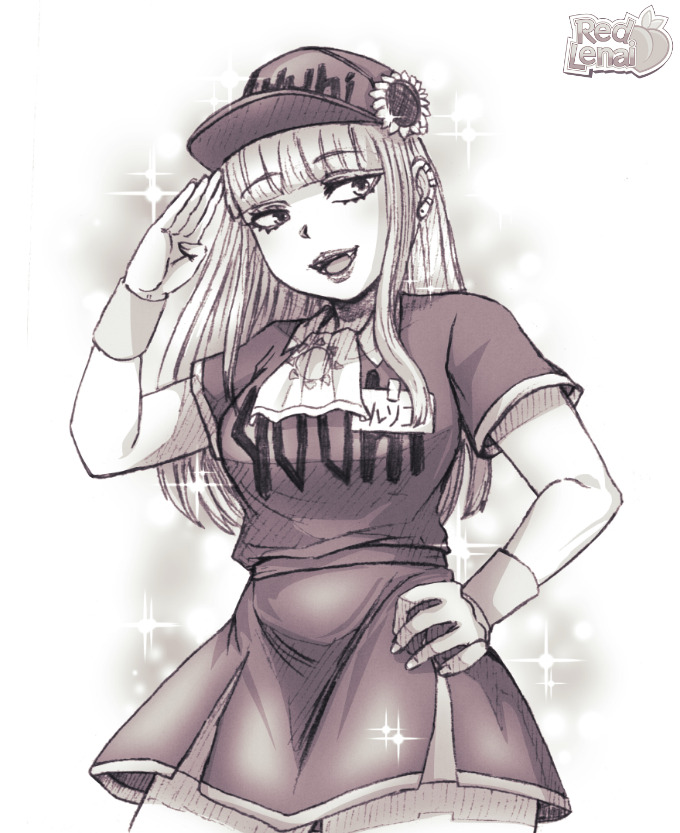 1girl, :d, artist_name, ballpark_de_tsukamaete!, baseball_cap, bib, blunt_bangs, commission