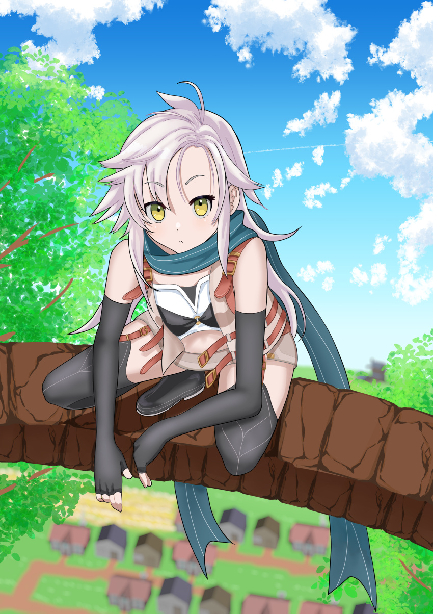 1girl, absurdres, ahoge, alexmercerart, blue_sky, breasts, clip_studio_paint_(medium), clouds