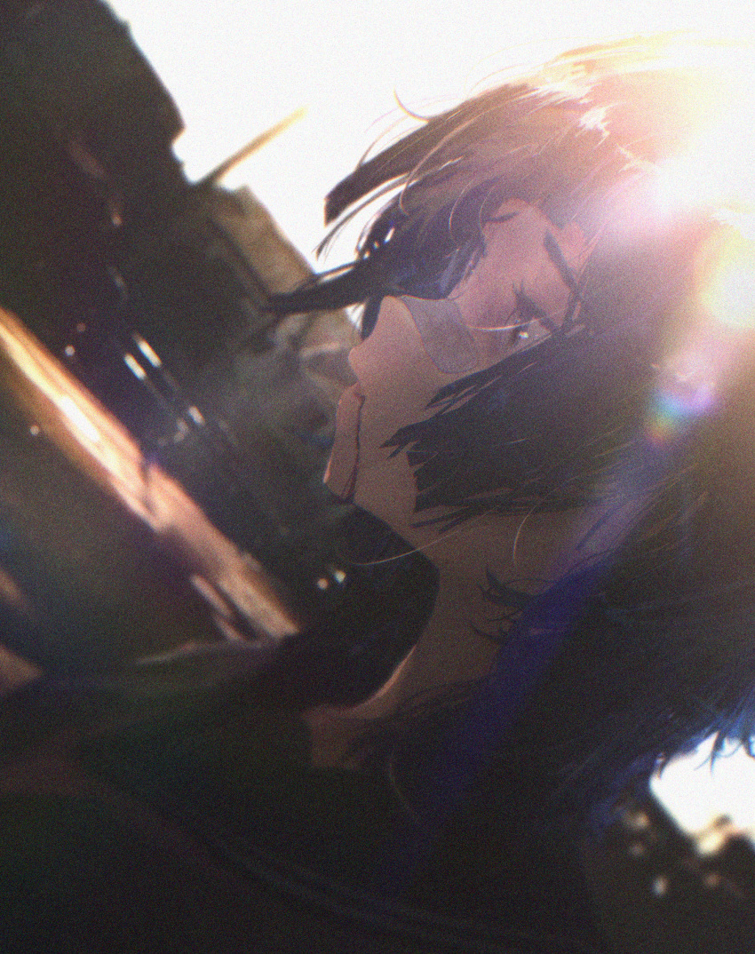 1girl, absurdres, bandage_on_nose, black_hair, blood, blood_from_mouth, blurry, blurry_foreground