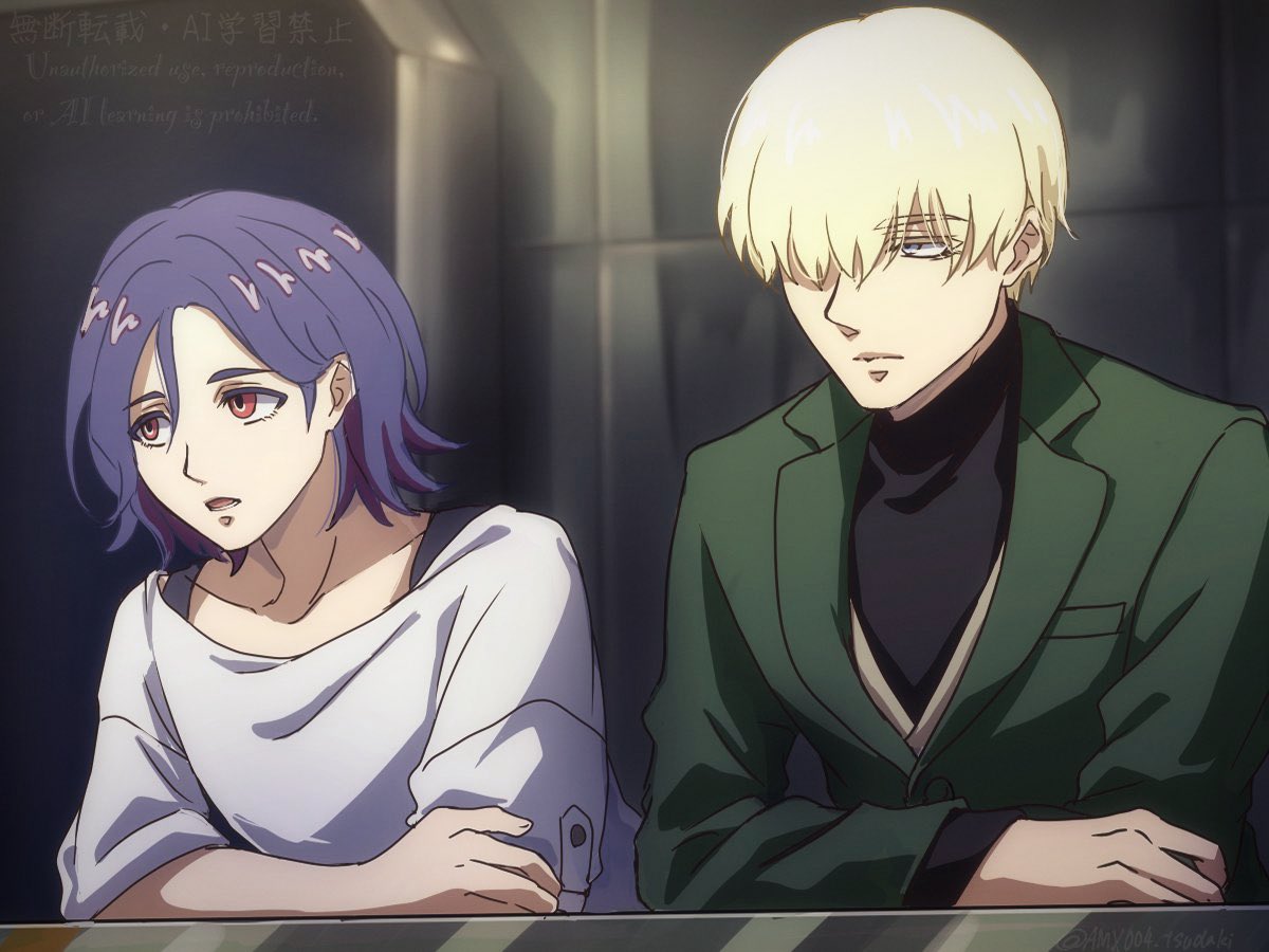 2boys, black_shirt, blonde_hair, blue_eyes, blue_hair, char_aznable, colored_inner_hair, elbow_rest