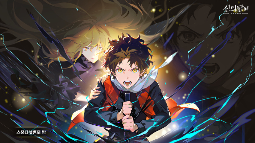 1boy, 1girl, black_march_(tower_of_god), black_shirt, blonde_hair, brown_hair, dress, floating, floating_hair, game_cg, glowing, highres, holding, holding_sword, holding_weapon, lightning, long_hair, long_sleeves, looking_at_viewer, open_mouth, purple_dress, red_vest, scarf, shirt, simple_background, smile, sword, teeth, tower_of_god, tower_of_god:_great_journey, twenty-fifth_bam, uoongpig, vest, weapon, white_scarf, yellow_eyes