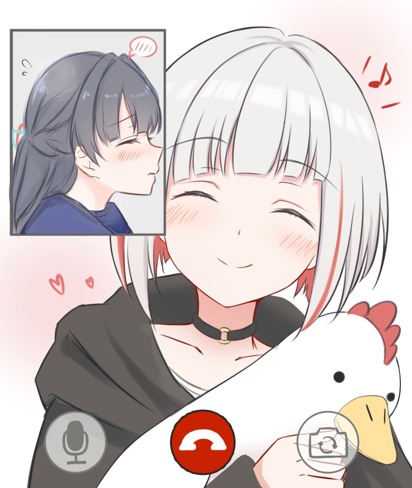 2girls, ^_^, absurdres, alt_text, black_choker, black_hair, black_jacket, blush