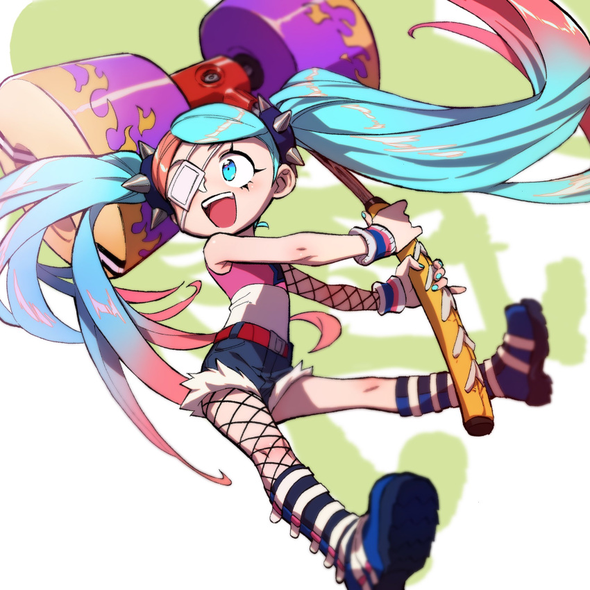 1girl, ahoge, aqua_eyes, aqua_hair, aqua_nails, artistic_error, backdrop, belt, belted_shorts, blue_boots, blue_shorts, blurry, boots, child, commentary_request, denim, denim_shorts, eyelashes, eyepatch, flame_print, gradient_hair, gungho, hammer, highres, holding, holding_hammer, holding_weapon, knee_boots, kushabiria, lone_nape_hair, long_hair, looking_to_the_side, lucy_(ninjala), medical_eyepatch, multicolored_hair, ninjala, official_art, one_eye_covered, parted_bangs, pink_hair, pink_shirt, print_shirt, red_belt, shirt, shoe_soles, shoes, shorts, simple_background, single_bare_arm, single_bare_shoulder, single_fishnet_armwear, single_fishnet_legwear, sk8_hammer_(ninjala), skinny, sleeveless, sleeveless_shirt, smile, solo, spiked_hair_ornament, star_(symbol), striped_wristband, teeth, torn_clothes, torn_shorts, twintails, twintails_day, two-tone_hair, two-tone_shirt, upper_teeth_only, very_long_hair, weapon, white_background, white_shirt, white_sleeves, wrestling_boots, wristband