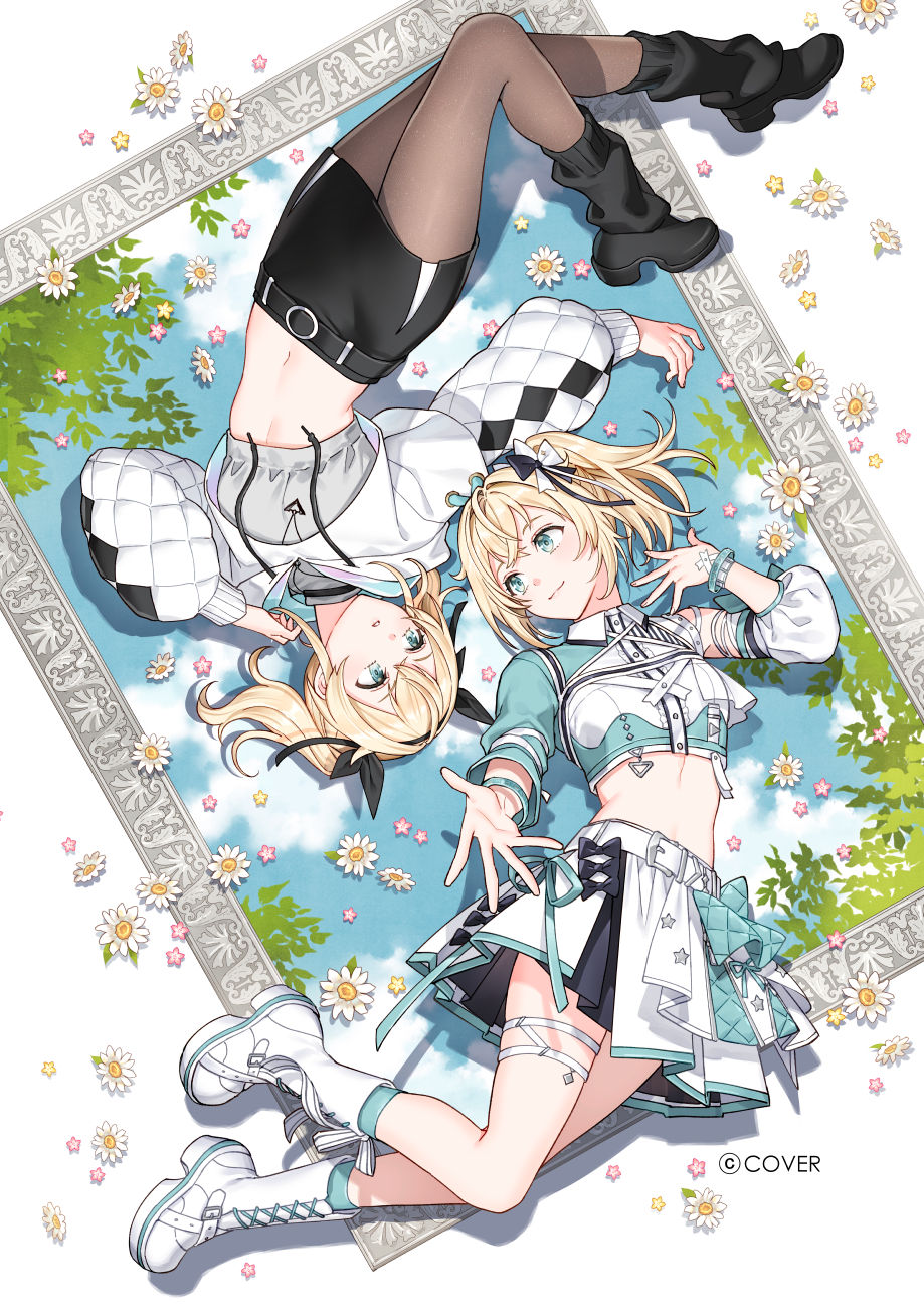 2girls, aqua_eyes, aqua_shirt, aqua_socks, asymmetrical_sleeves, belt, black_belt, black_leg_warmers