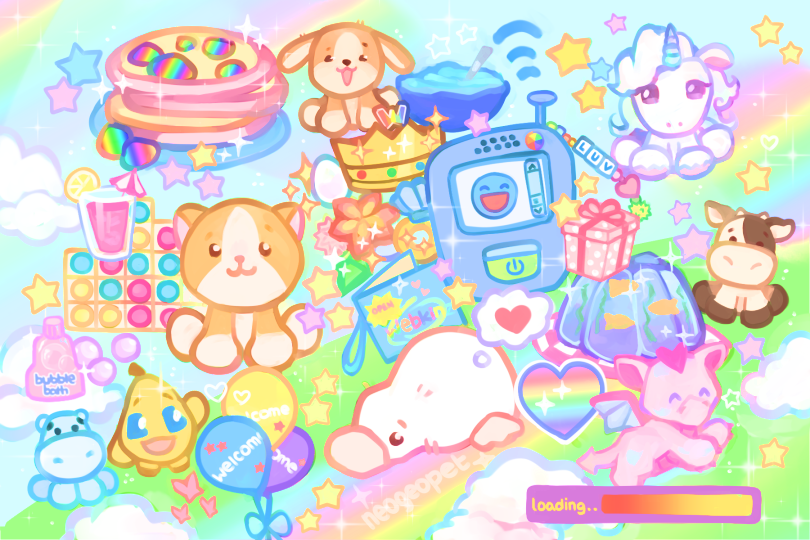 animal, animal_focus, balloon, cat, cellphone, cellphone_charm, charm_(object), chibi, chibi_only, cocker_spaniel_(webkinz), colorful, commentary, cow, cow_(webkinz), crown, dog, dragon, drink, emoticon, english_commentary, english_text, food, gelatin, google_(webkinz), heisei_retro, hippo_(webkinz), hippopotamus, neogeopet, no_humans, orange_cat_(webkinz), pancake, pancake_stack, phone, progress_bar, rainbow, star_(symbol), unicorn, unicorn_(webkinz), wacky_zingoz, webkinz, whimsy_dragon, yume_kawaii