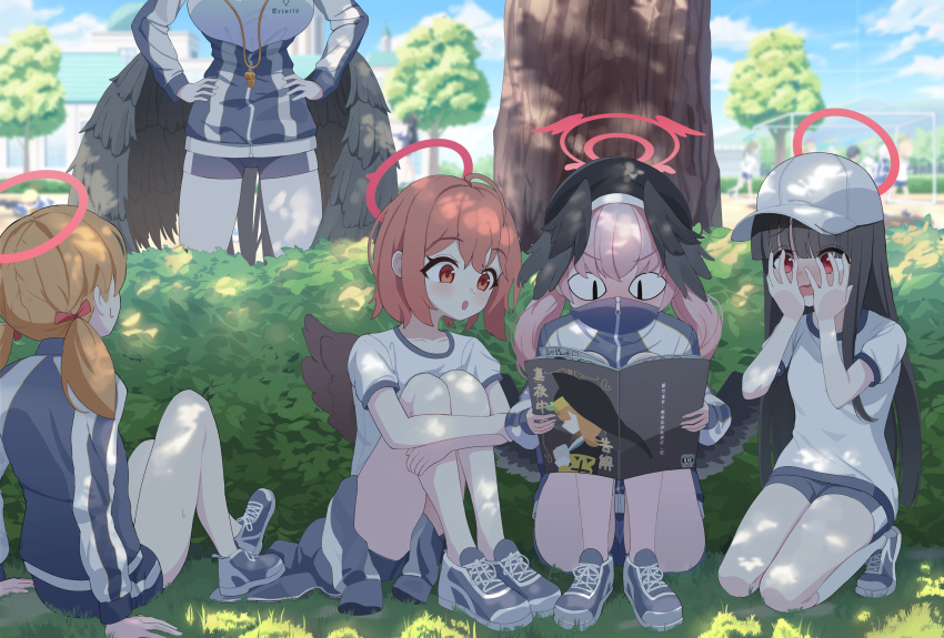 <|>_<|>, 5girls, absurdres, black_hair, black_hat, black_wings, blonde_hair, blue_archive