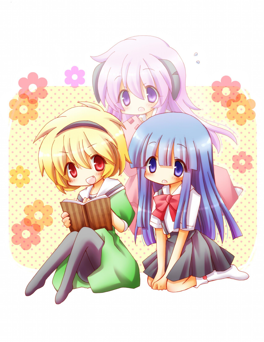blonde_hair, blue_eyes, blue_hair, book, fang, floral_background, flower, furude_rika