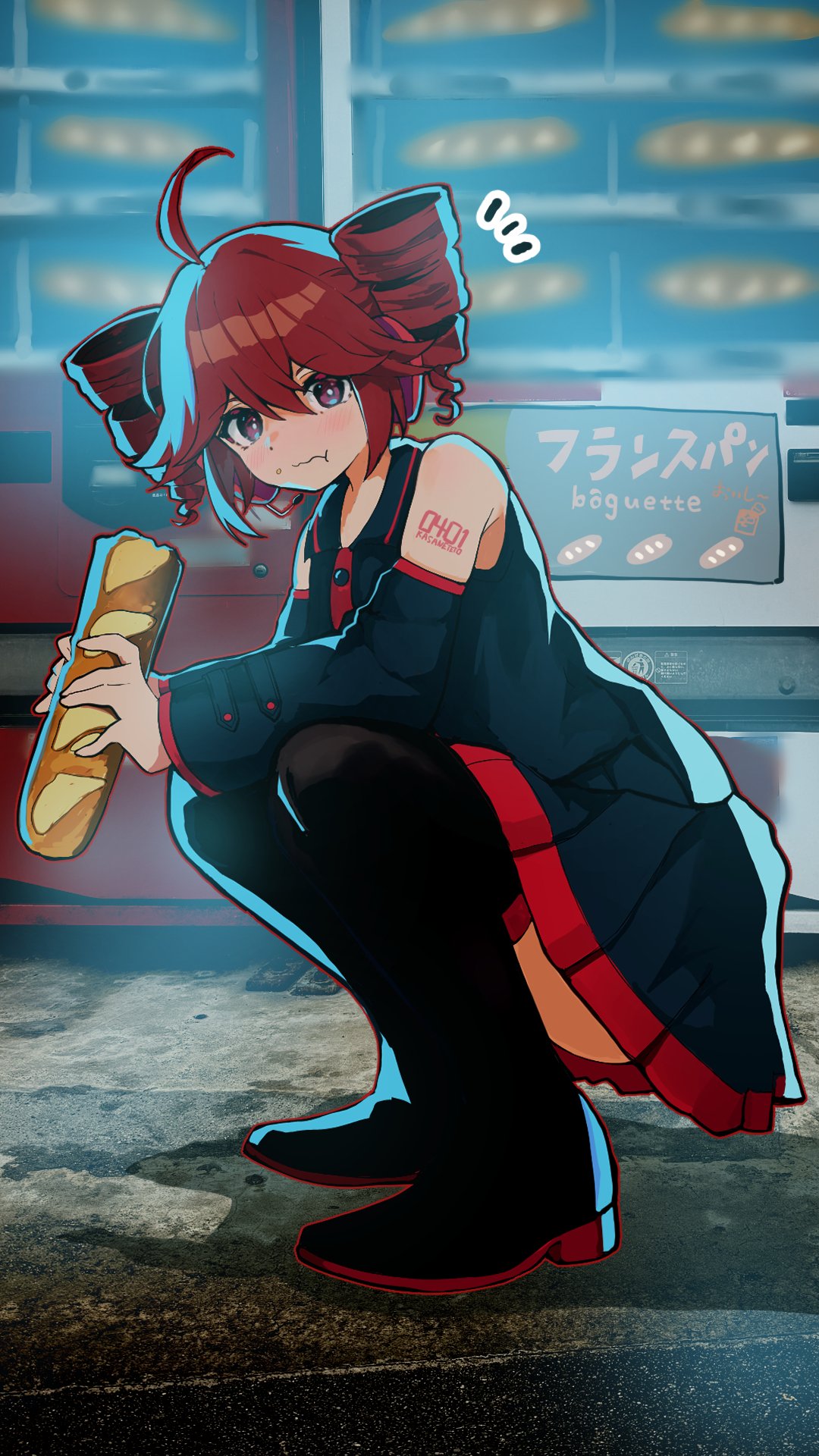 1girl, ahoge, baguette, bare_shoulders, black_boots, black_shirt, black_skirt, black_sleeves